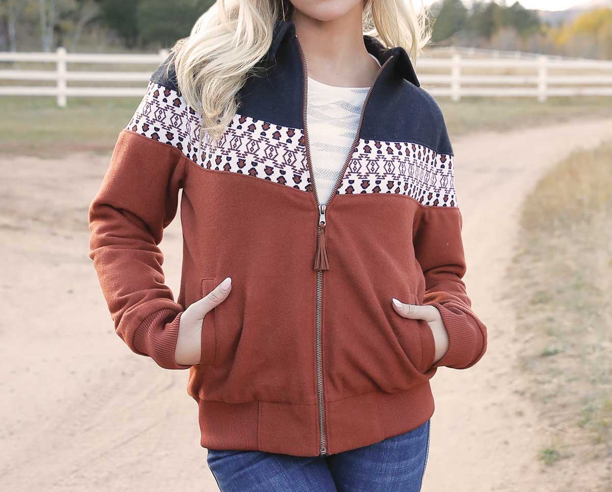 Cinch Women's Jacket - Brown Bomber with Black Top & Patterned Wide Stripe