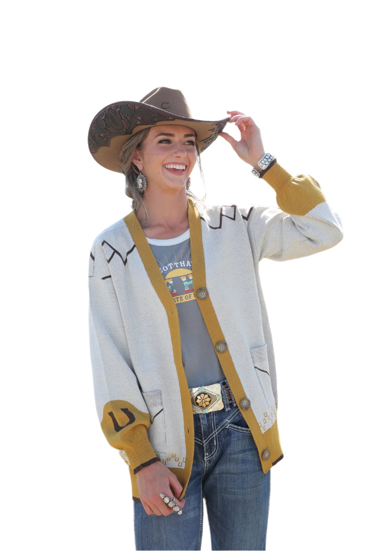 Cruel Denim Women's Cardigan - Cream with Bucking Bronc Graphic