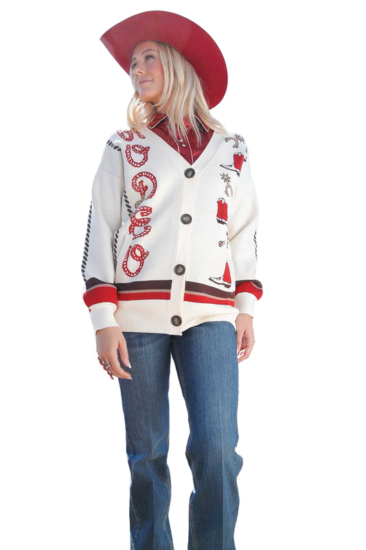 Cruel Denim Women's  Vintage Rodeo Graphics Cream Cardigan