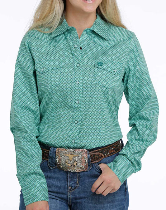 Cinch Women's Long Sleeve Shirt - Green Geometric Print with Snaps