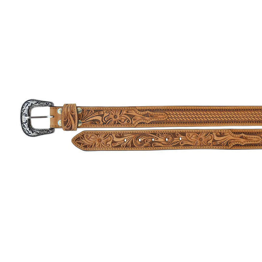Challenger Kid's Western Tan Basketweave Floral Full-Grain Leather Belt