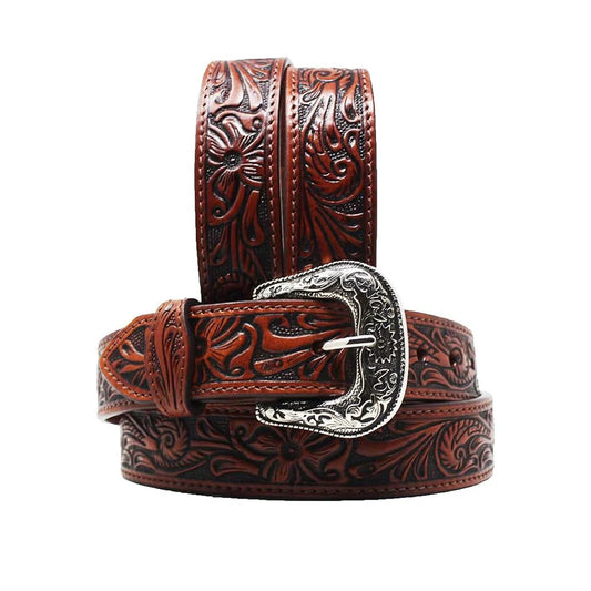Challenger Western Tooled Floral Full-Grain Brown Tapered Leather Belt