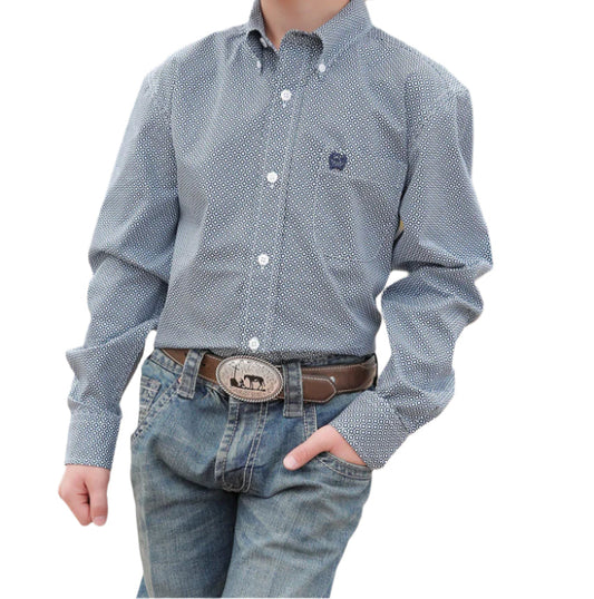 Cinch Boy's Blue & White Print Long Sleeve Button Down Western Shirt