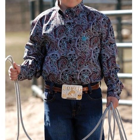 Cinch Children's Paisley Print Navy & Burgundy Button Down Shirt