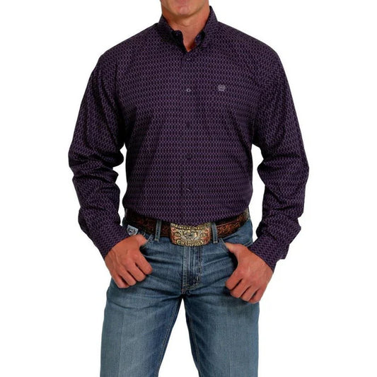 Cinch Men's Long Sleeve Shirt - Geometric Print - Purple