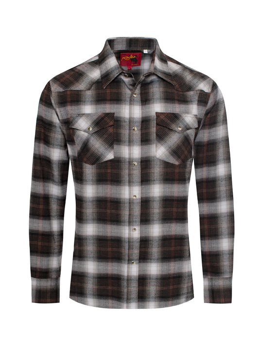 Rodeo Clothing Co. Men's Long Sleeve Shirt - Light Flannel Black, Brown & Grey Plaid