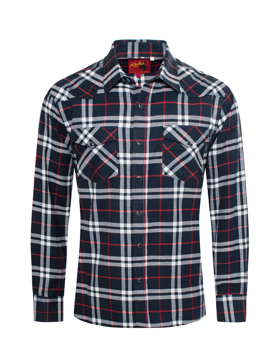 Rodeo Clothing Co. Men's Long Sleeve Shirt - Light Flannel Black, Red & White Plaid