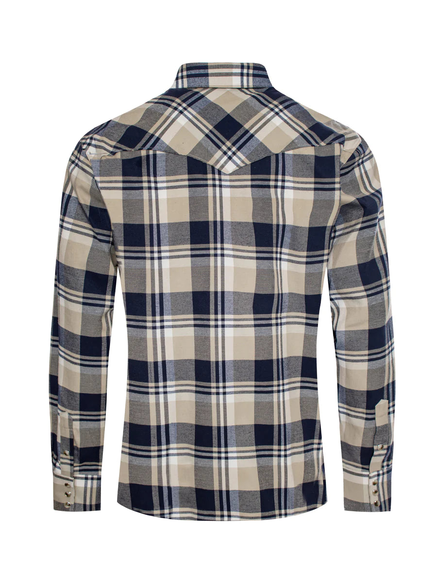 Rodeo Clothing Co. Men's Long Sleeve Shirt - Light Flannel Navy, Khaki & White Plaid