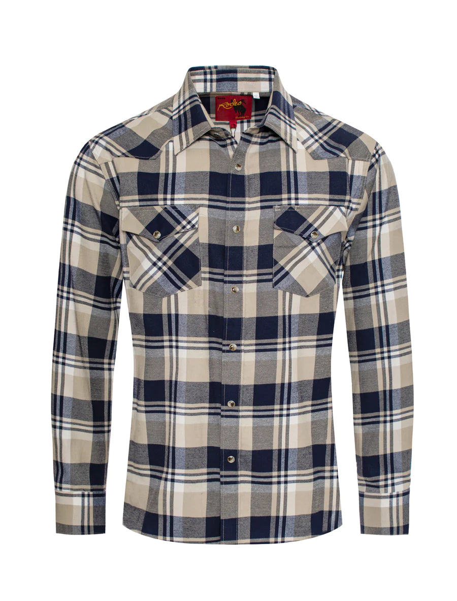 Rodeo Clothing Co. Men's Long Sleeve Shirt - Light Flannel Navy, Khaki & White Plaid