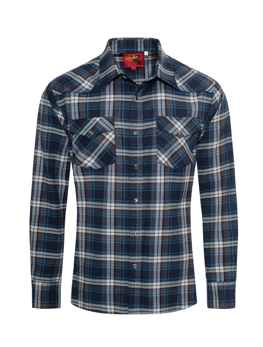 Rodeo Clothing Co. Men's Long Sleeve Shirt - Light Flannel Blue & Grey Plaid