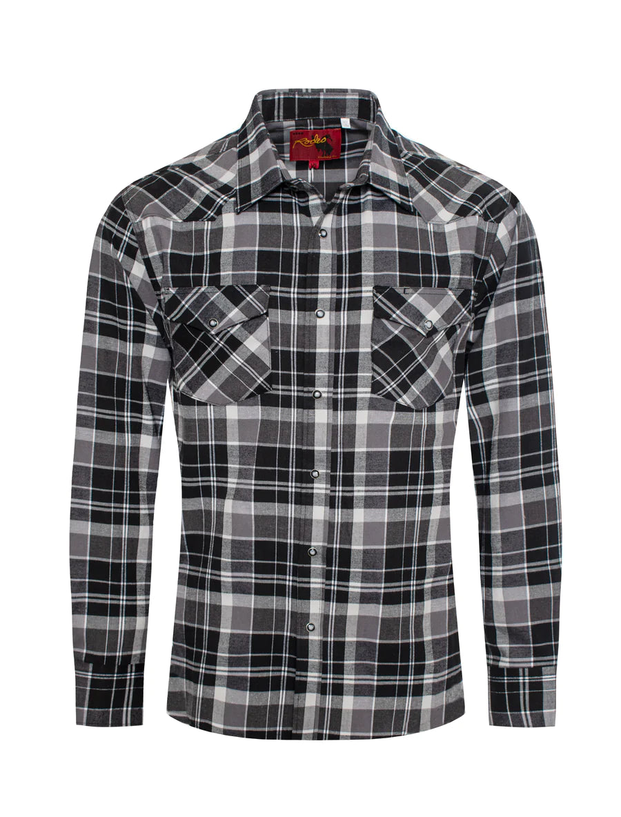 Rodeo Clothing Co. Men's Long Sleeve Shirt - Light Flannel Black & Grey Plaid