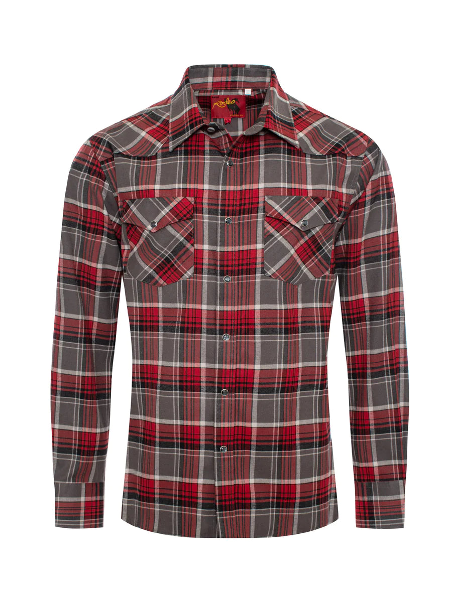 Rodeo Clothing Co. Men's Long Sleeve Shirt - Light Flannel Red & Grey Plaid