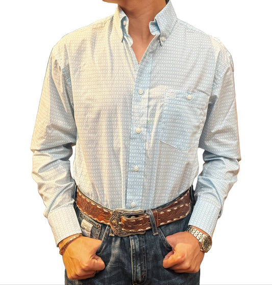 Wrangler Men's Classic Long Sleeve Light Blue Print Shirt