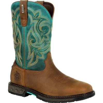 Georgia Boots Women's Brown Square Toe & Green Top Waterproof Work Boots