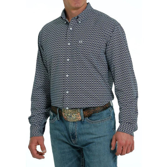 Cinch Men's Arenaflex Long Sleeve Geometric Print Button-Down Western Shirt - Navy & White