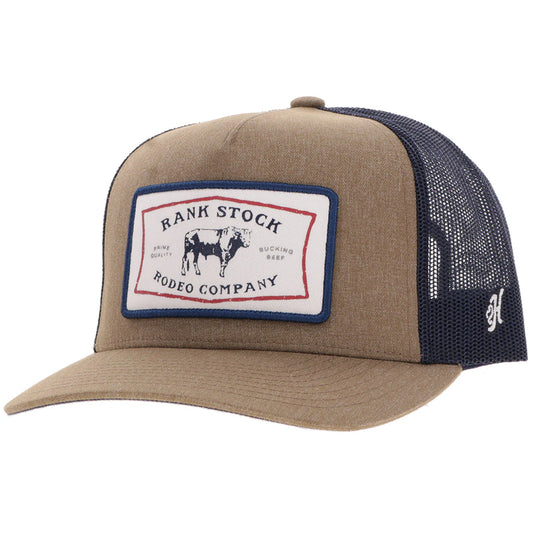 Hooey Ball Cap "Rank Stock" Hat Tan and Navy with Rectangle Patch