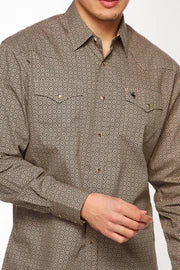 Rodeo Clothing Men's Western Pearl Snaps Shirt in Brown Print