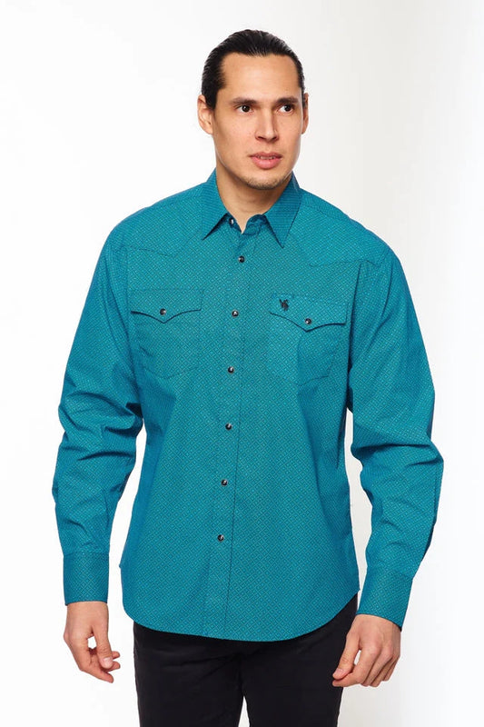 Rodeo Clothing Co. Men's Long Sleeve Western Pearl Snap Turquoise & Black Print Shirt