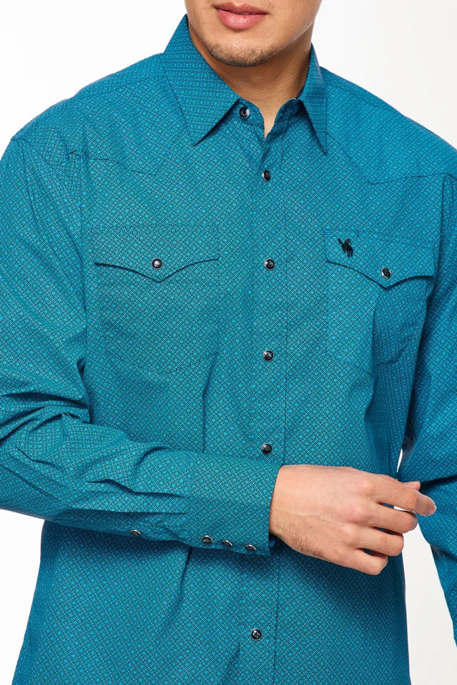 Rodeo Clothing Co. Men's Long Sleeve Western Pearl Snap Turquoise & Black Print Shirt