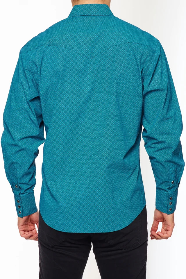 Rodeo Clothing Co. Men's Long Sleeve Western Pearl Snap Turquoise & Black Print Shirt