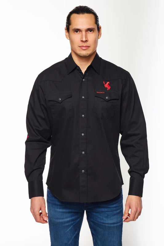 Rodeo Clothing Men’s Long Sleeve Shirt - Black with Rodeo Embroidered on Sleeve