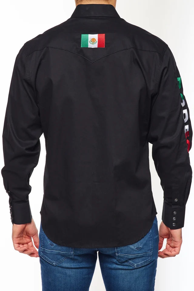 Rodeo Clothing Men’s Long Sleeve Shirt - Black with Rodeo Embroidered on Sleeve