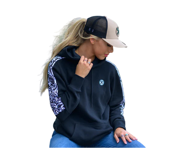 Hooey Women's "Canyon" Black with White Filigree Pattern Sleeves Hoody