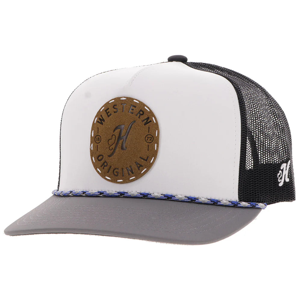 Hooey Ball Cap "Spur" Hat White and Charcoal with Leather Patch