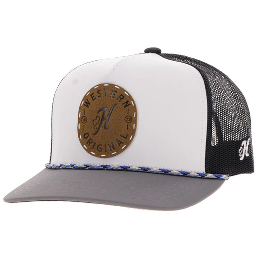 Hooey Ball Cap "Spur" Hat White and Charcoal with Leather Patch
