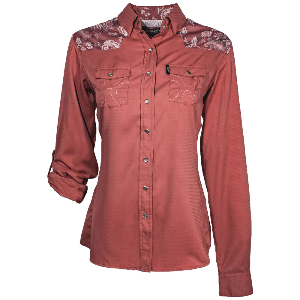 Hooey "Sol" Ladies Marsala with Floral Pattern Detailing Long Sleeve Pearl Snap Shirt