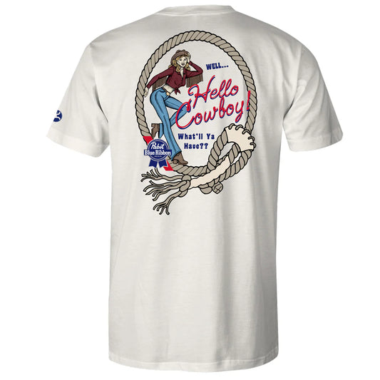 Hooey Pabst Blue Ribbon Men's White T-Shirt with Hello Cowboy Logo on Back