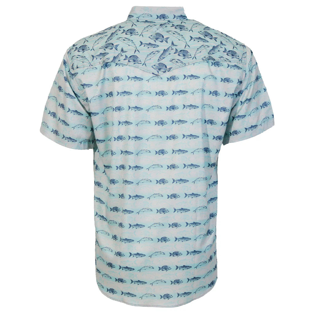 Hooey Men's Short Sleeve "Sol" Pearl Snap Shirt Cloud Blue with Snapper Fish Pattern