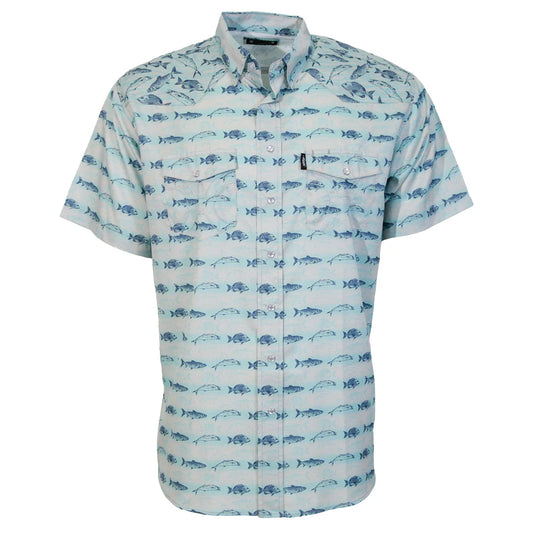 Hooey Men's Short Sleeve "Sol" Pearl Snap Shirt Cloud Blue with Snapper Fish Pattern