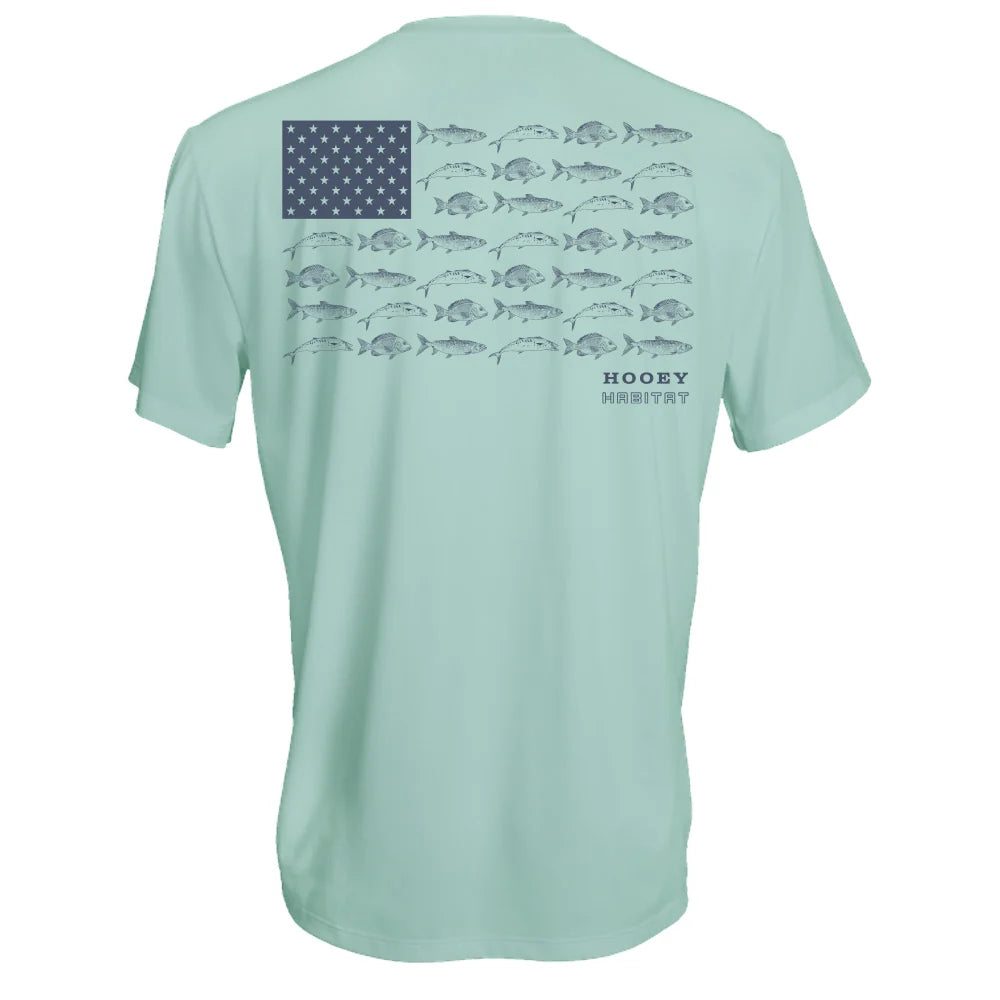 Hooey Men's "Coast" Light Blue Performance Shirt with Indigo Blue Fish Flag Logo on Back