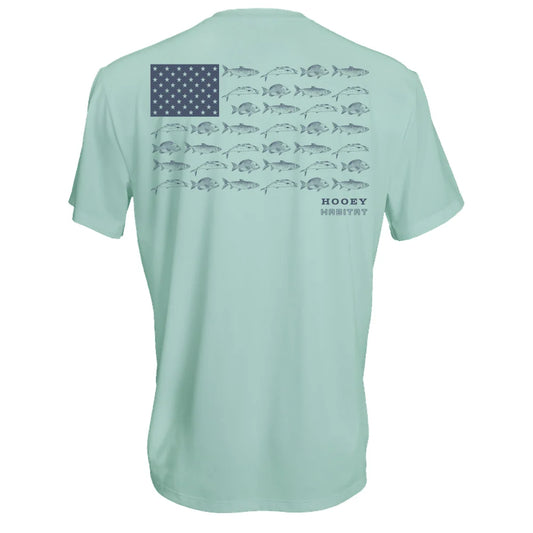 Hooey Men's "Coast" Light Blue Performance Shirt with Indigo Blue Fish Flag Logo on Back