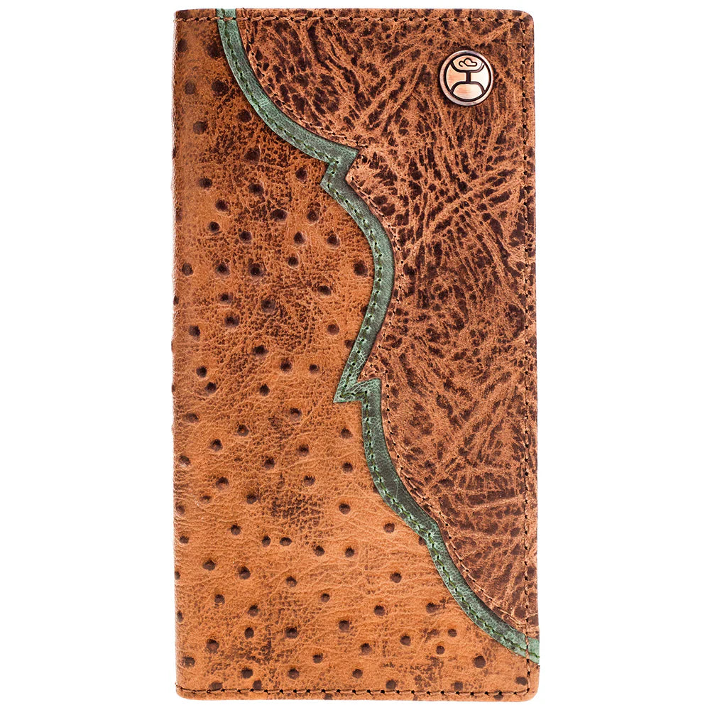 Hooey "Sawyer" Ostrich Print Leather Rodeo Wallet with Brown Overlay and Turquoise Accent