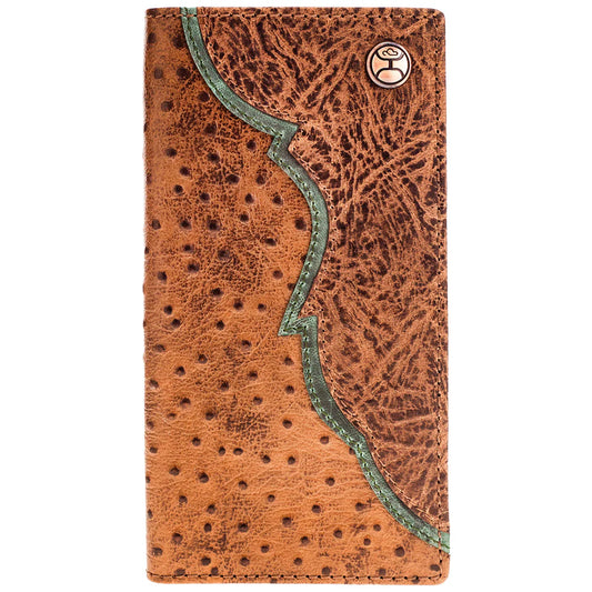 Hooey "Sawyer" Ostrich Print Leather Rodeo Wallet with Brown Overlay and Turquoise Accent