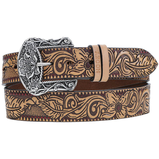 Hooey Ladies "Flora" Feather and Floral Filigree Embossed Belt with Red Accents