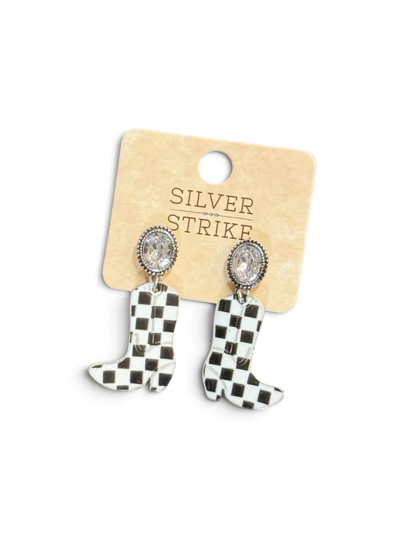Silver Strike Black and White Check Boot Dangle Earrings