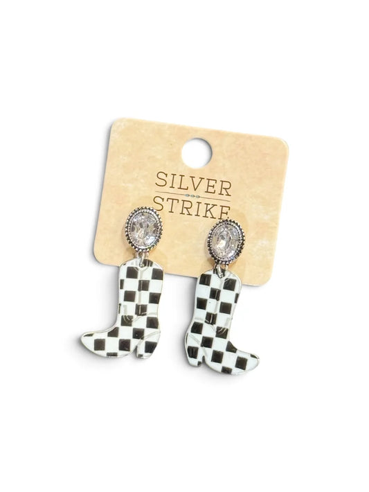 Silver Strike Black and White Check Boot Dangle Earrings