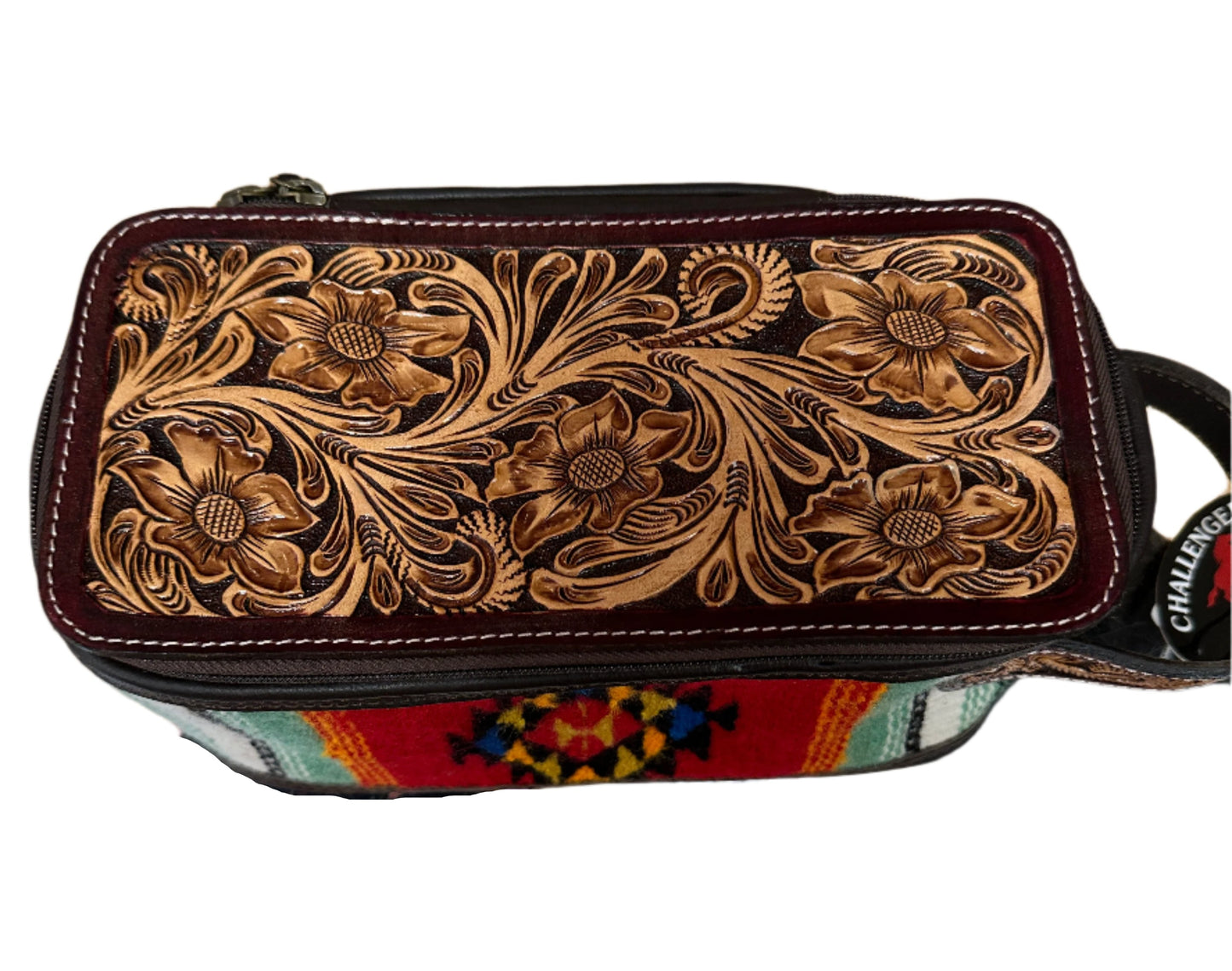 Challenger Western Woven Floral Tooled Leather Travel Toiletry Top Open Bag