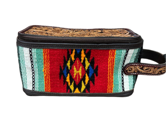 Challenger Western Woven Floral Tooled Leather Travel Toiletry Top Open Bag