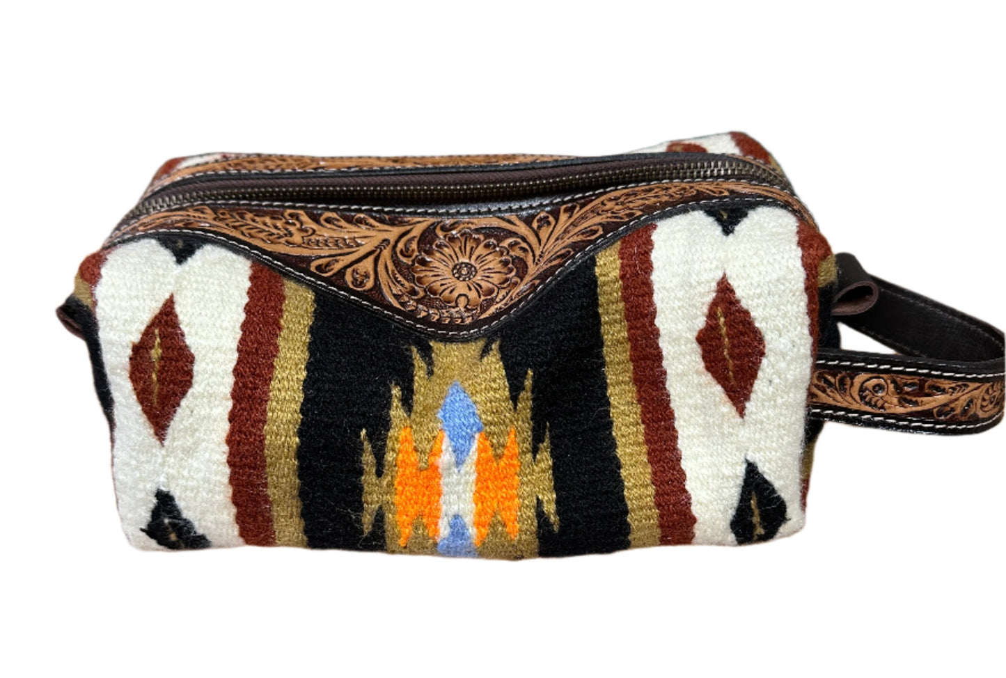 Challenger Western Woven Floral Tooled Leather Travel Toiletry Kit Bag