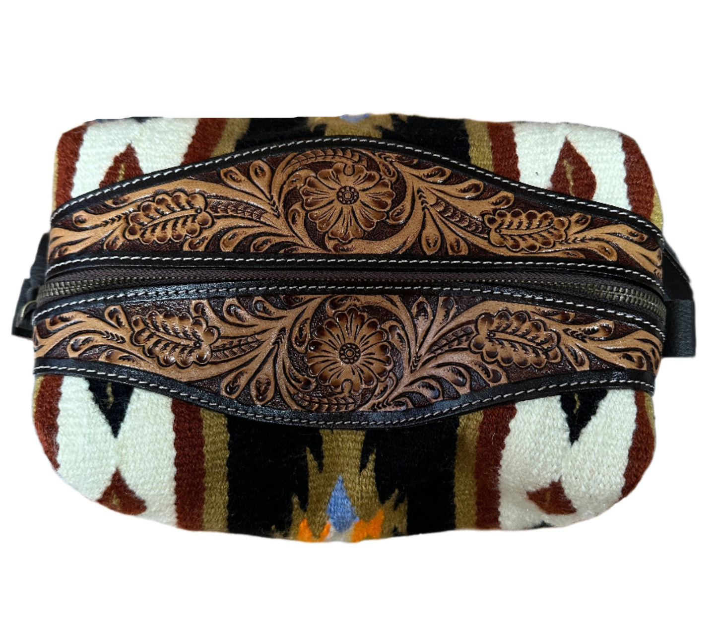 Challenger Western Woven Floral Tooled Leather Travel Toiletry Kit Bag