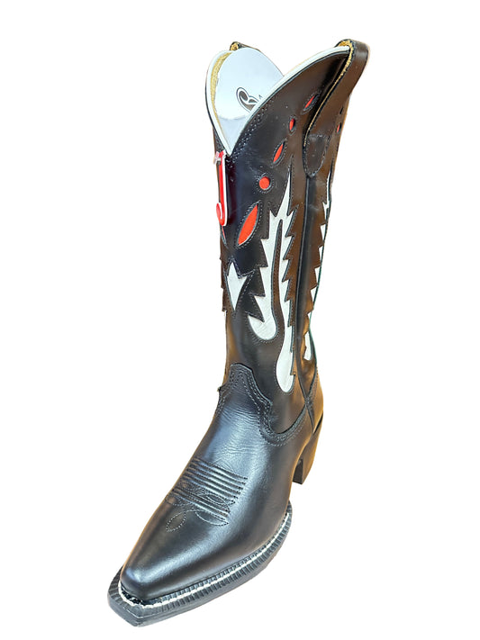 Justin Boots Women's Faye Black Cowhide Boots with White Inlay Design