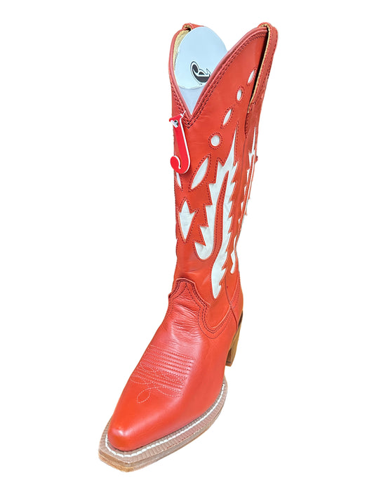 Justin Boots Women's Faye Red Cowhide Boots with White Inlay Design