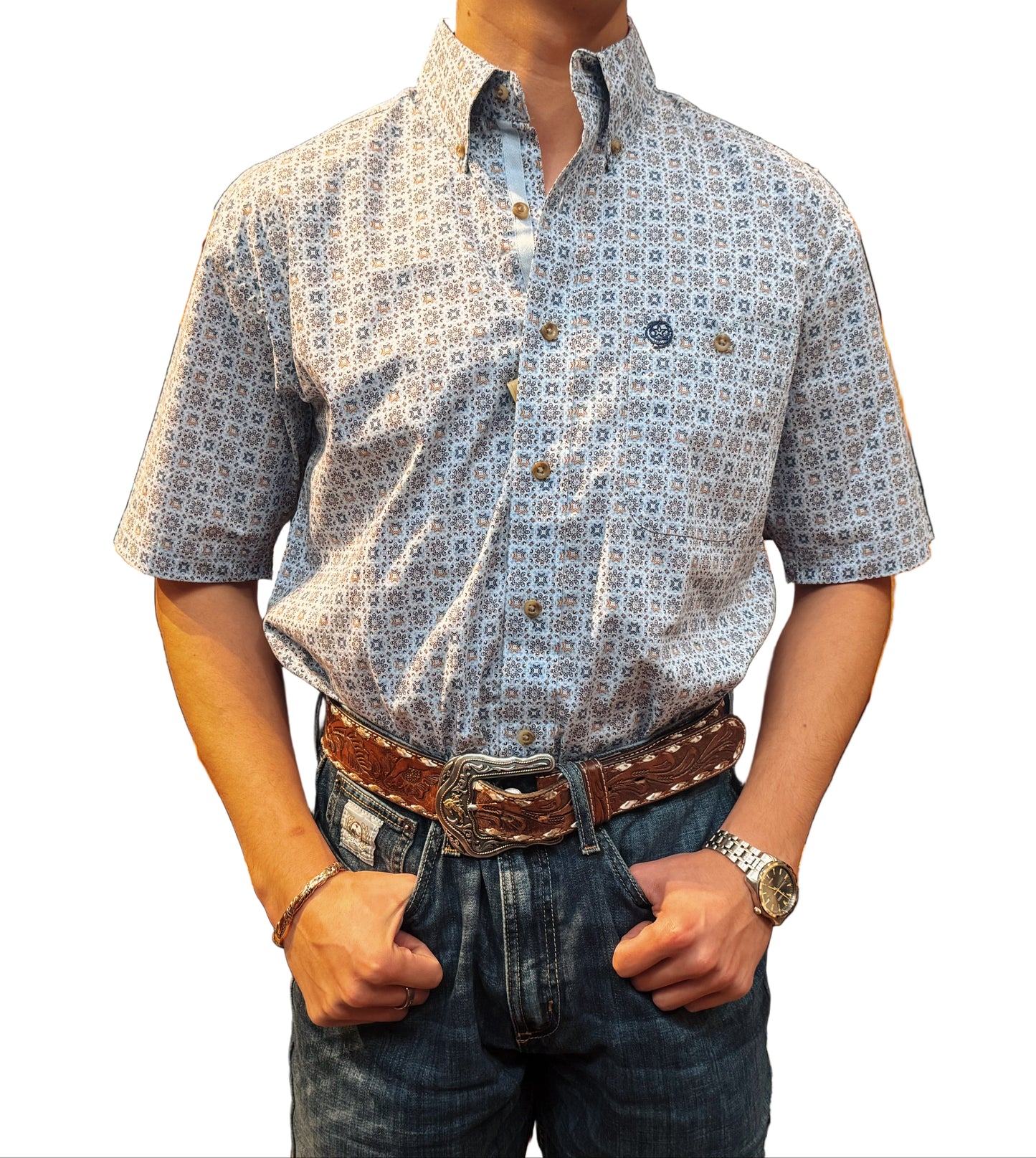 Wrangler Men's Relaxed Fit Short Sleeve George Strait  Light Blue and Tan Print Shirt