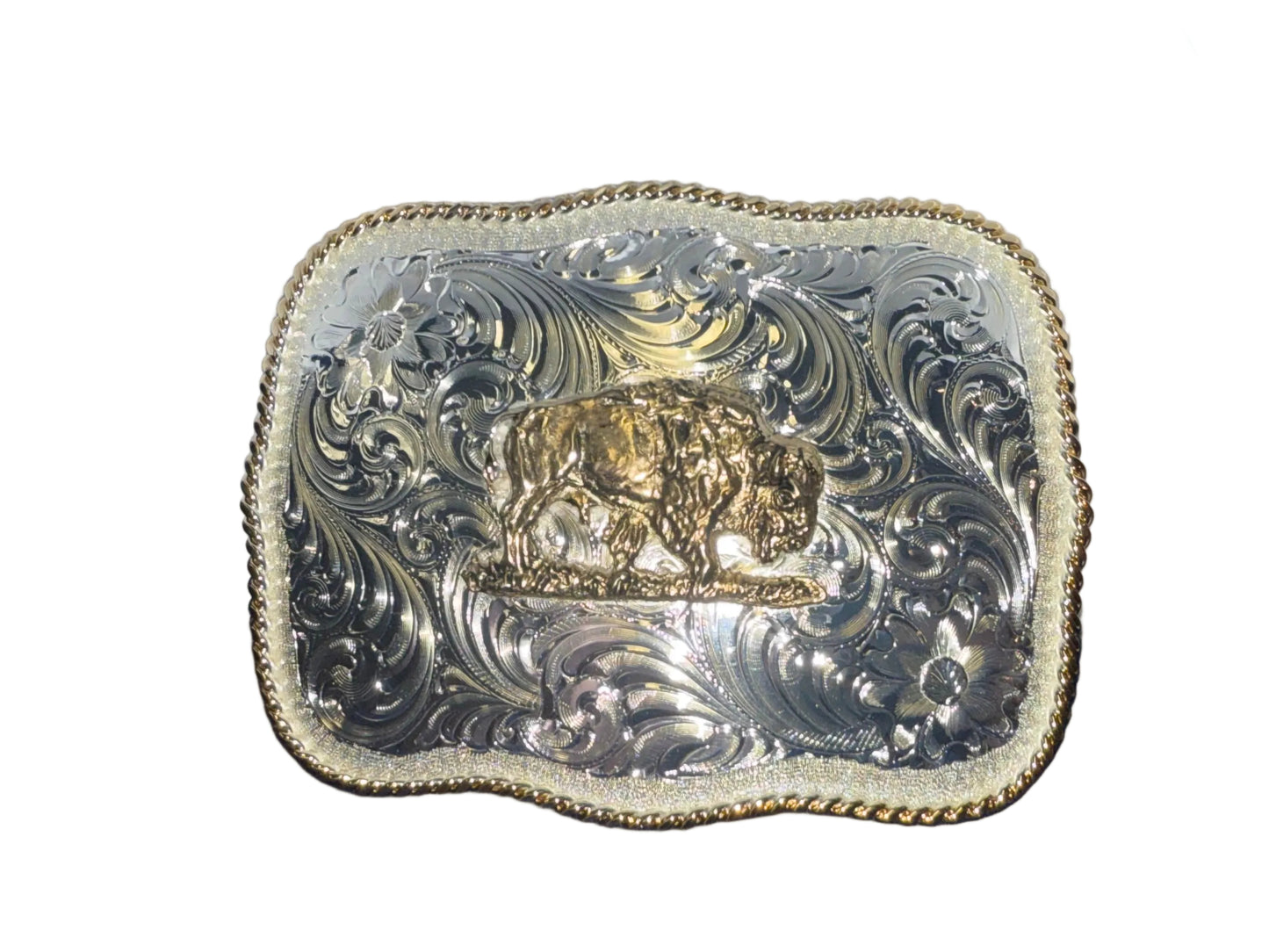 Montana Silversmiths Custom Large Scalloped Silver Engraved Western Belt Buckle with Buffalo