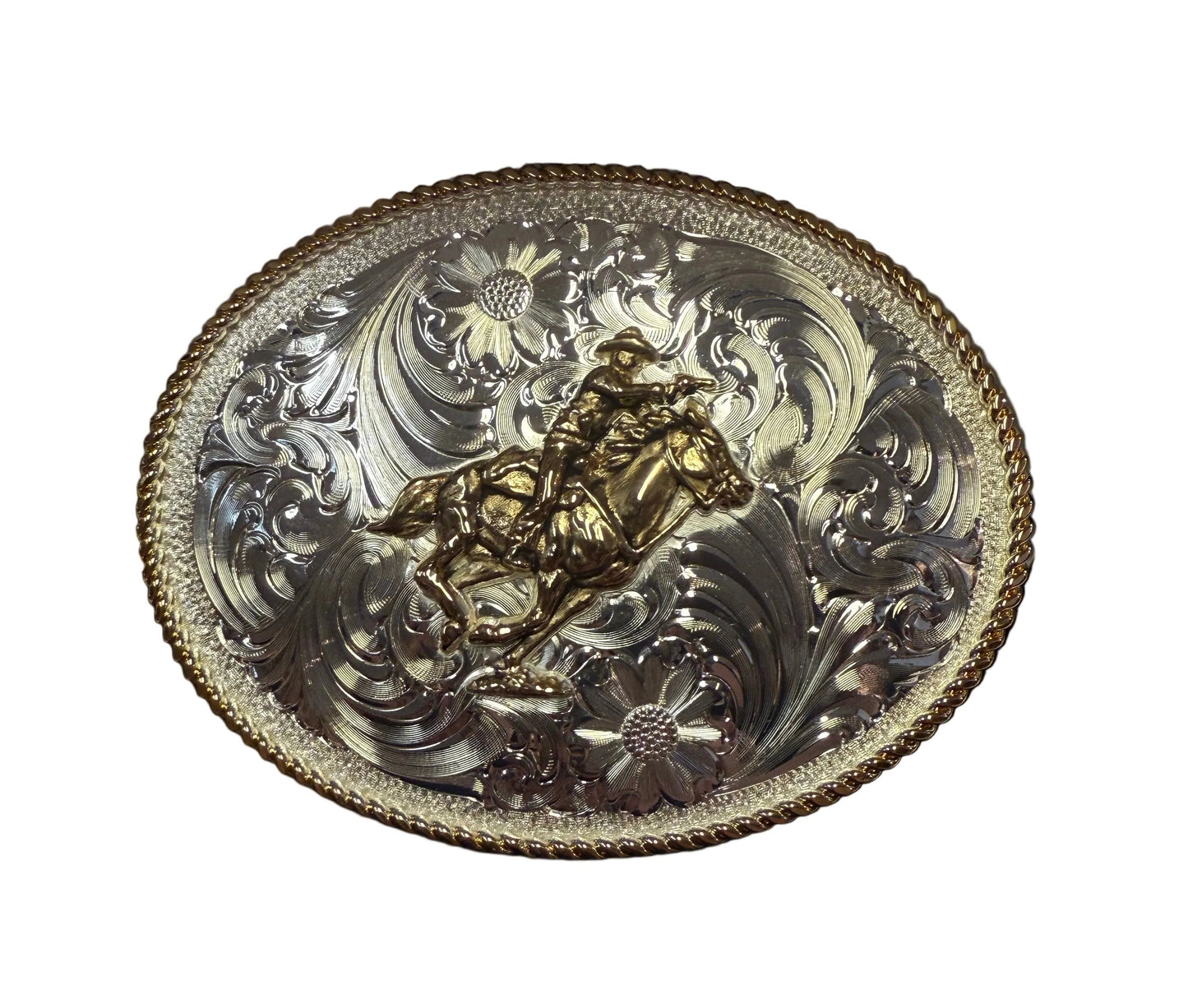 Montana Silversmiths Large Silver With Gold Trim Western Buckle with a Cowboy Mounted Shooter