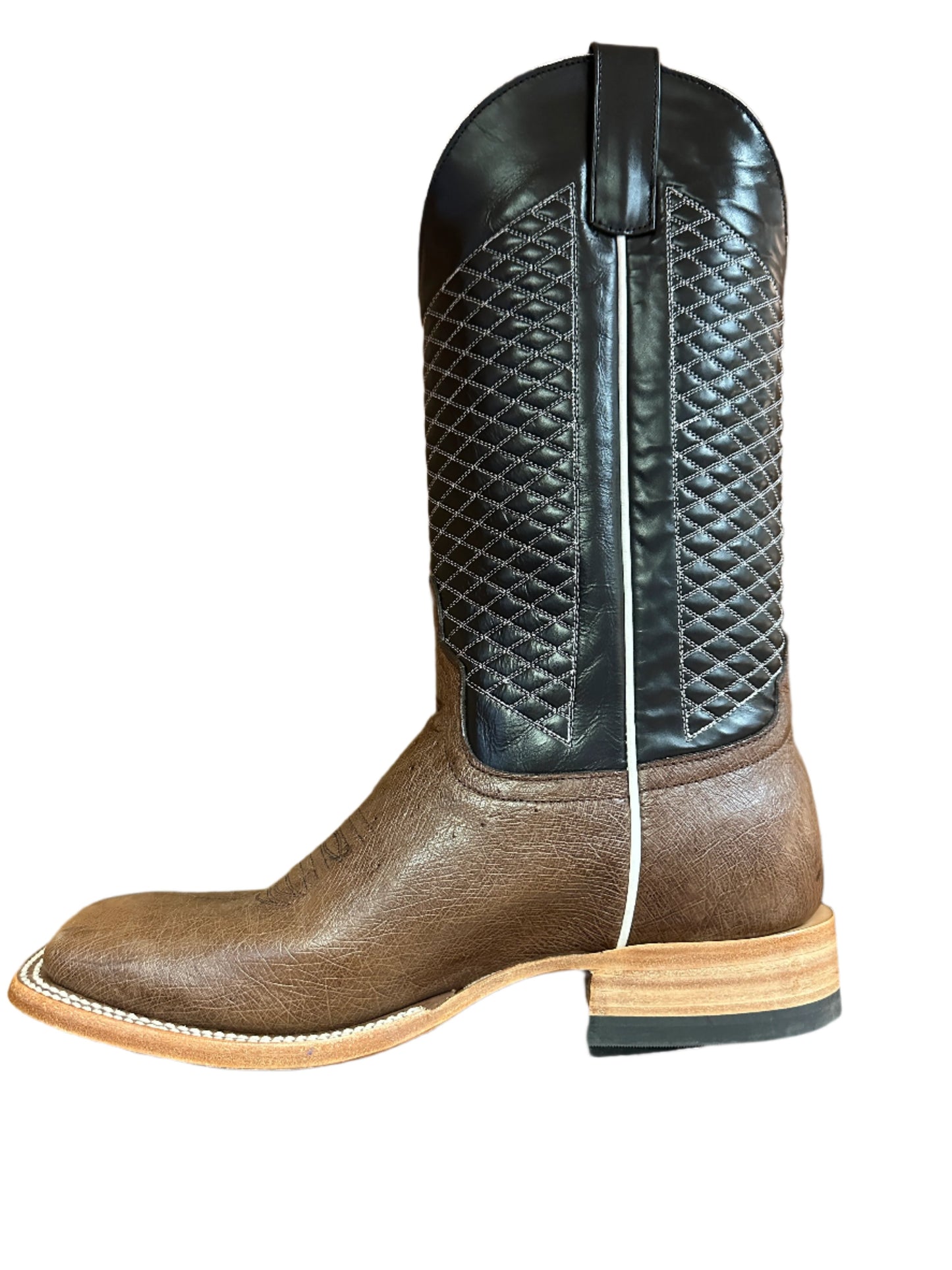 Horse Power Men's Boots - Brown Smooth Ostrich Square Toe with Black & White Diamond Pattern Top